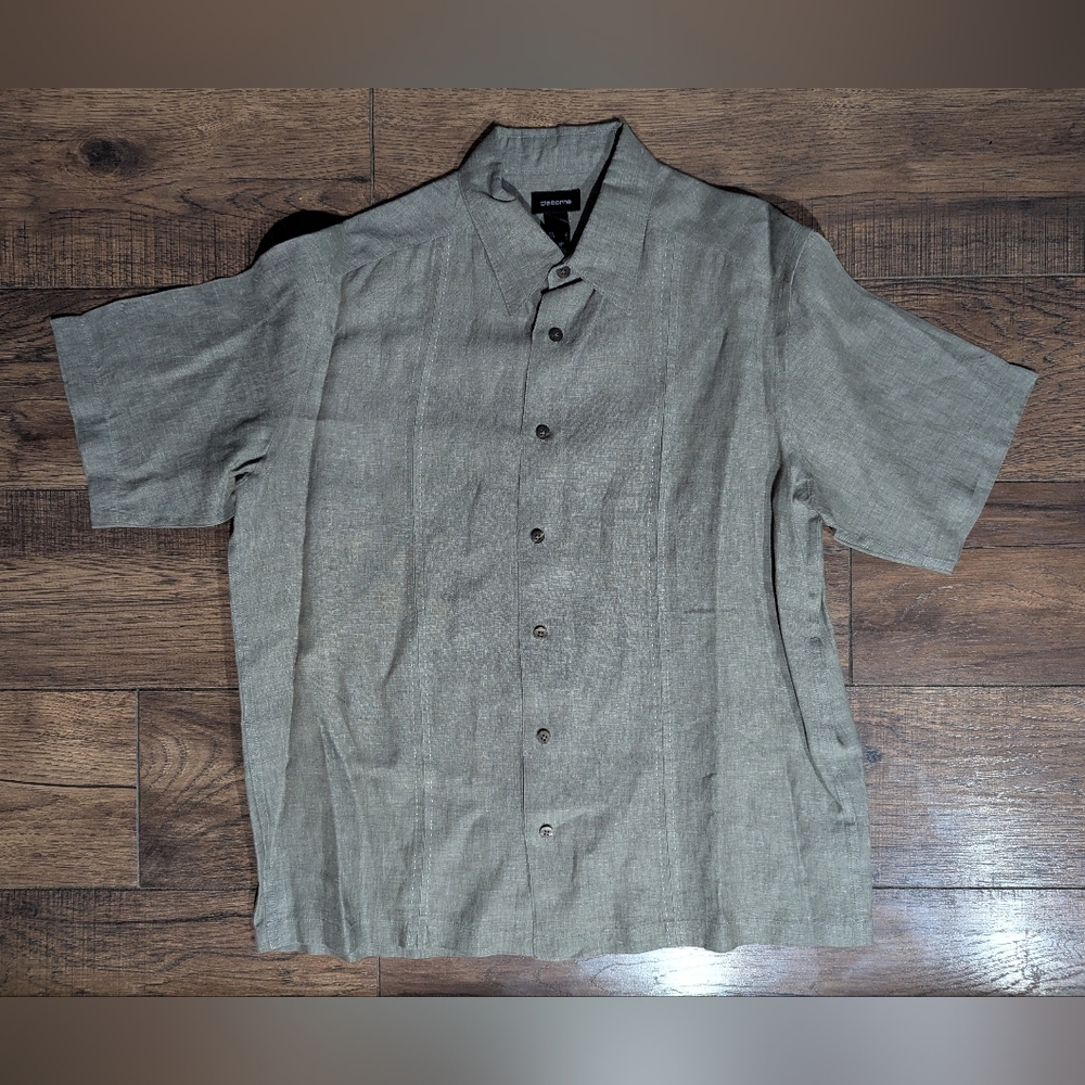 Claiborne Mens Short Sleeve Gray/Green Button Down 100% Linen Size Large Beachy